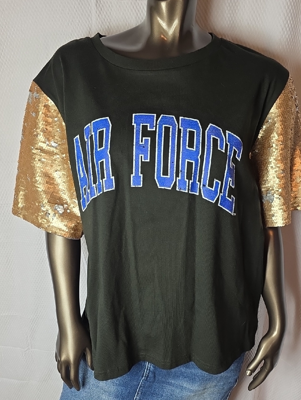 Air Force Black Tee with Gold Sequin Sleeves